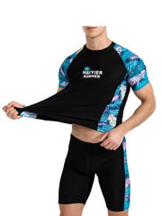 Mens Two Piece Rash Guard Short Sleeve Swim Shirts with Swim Trunks