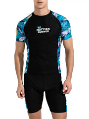 Mens Two Piece Rash Guard Short Sleeve Swim Shirts with Swim Trunks